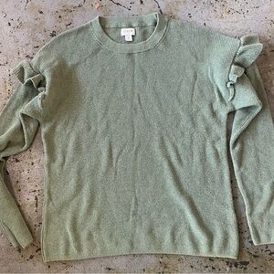 J. Crew Women's Sage Green Cotton Ruffle Long Sleeve Lightweight Sweater Sz L